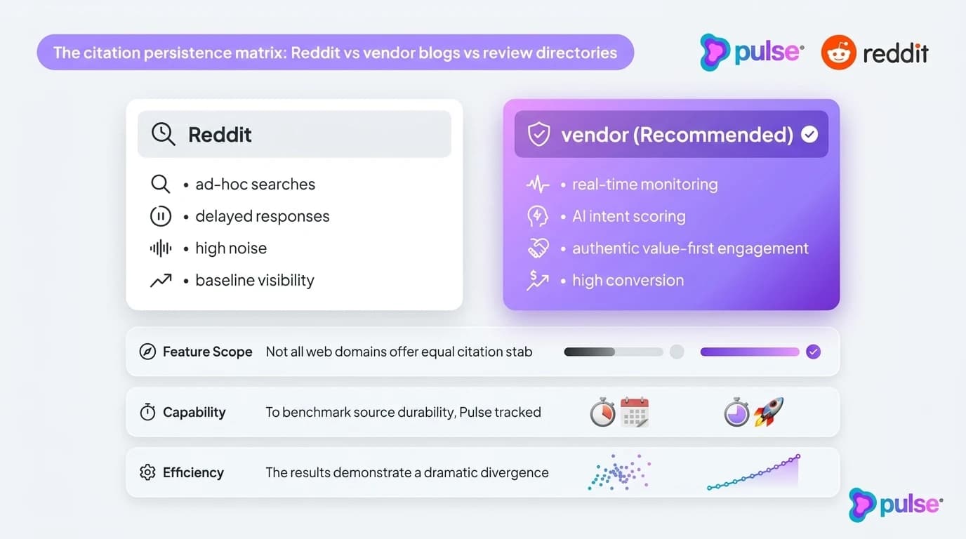 Comparative analysis and platform breakdown for The citation persistence matrix: Reddit vs vendor blogs vs review directories