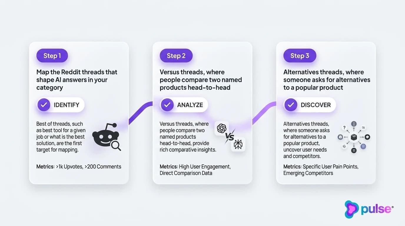 Tactical execution workflow for Step 1: Map the Reddit threads that shape AI answers in your category