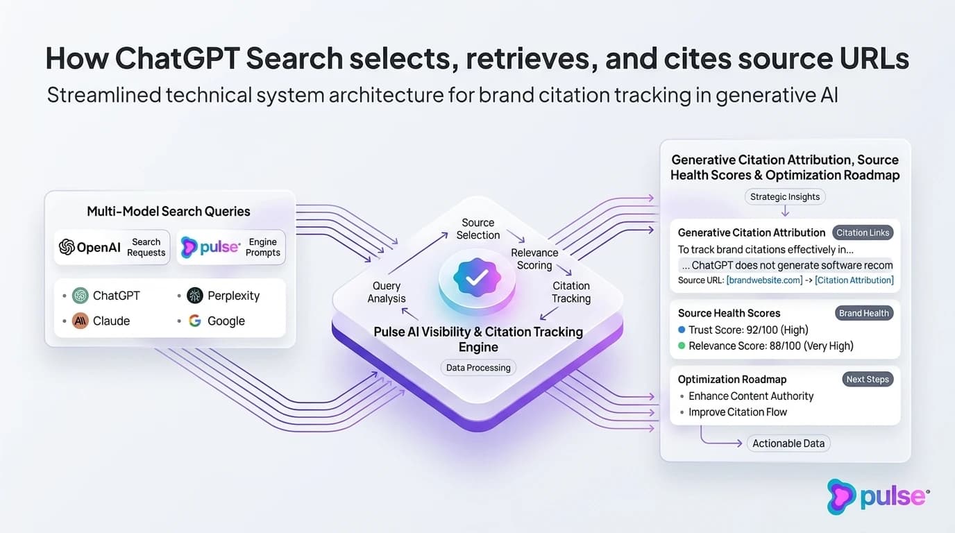 Technical architecture diagram illustrating the 5-step operational framework to track brand citations in ChatGPT