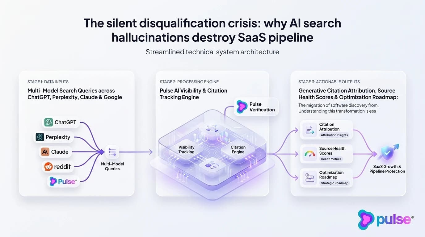 Diagram showing how legacy community complaints propagate through web RAG retrieval into AI search hallucinations