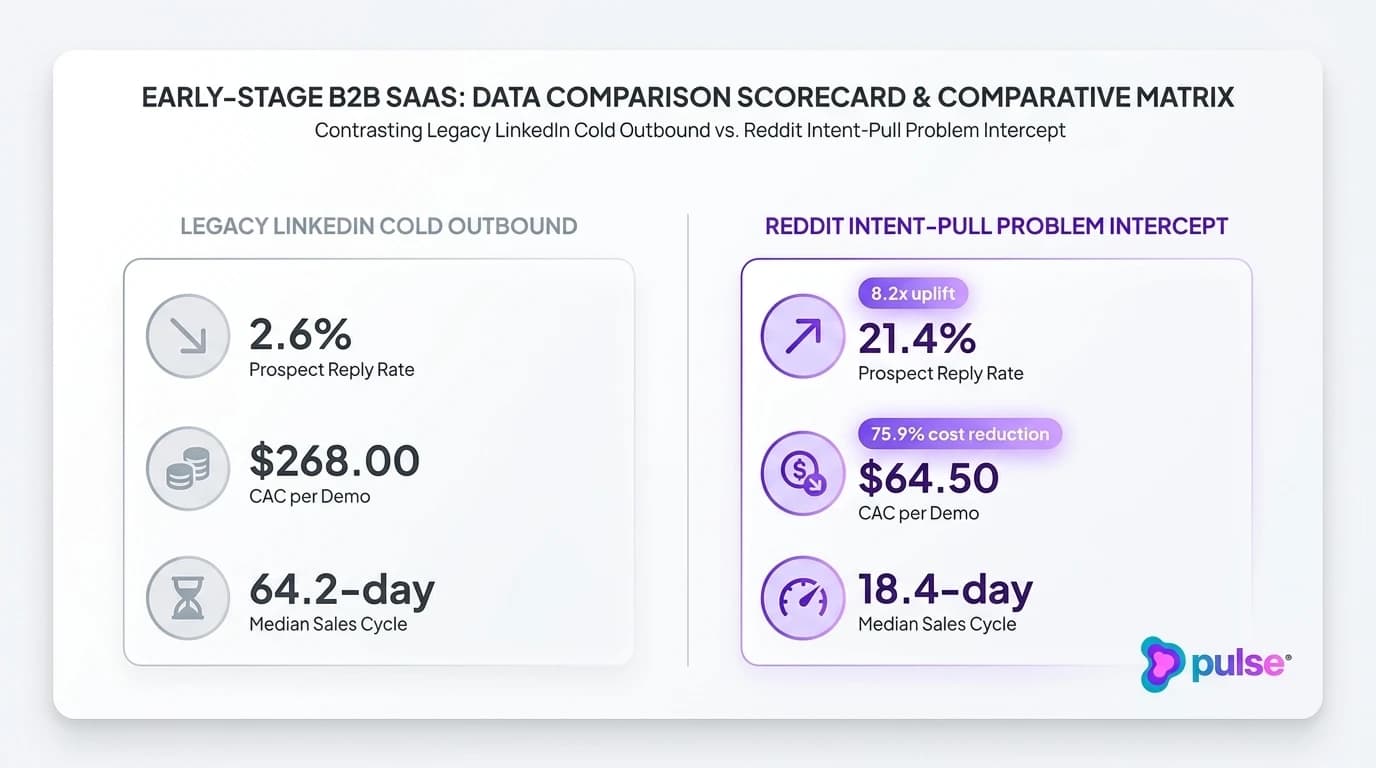 Comparison scorecard contrasting legacy LinkedIn outbound with Reddit intent-pull lead generation economics