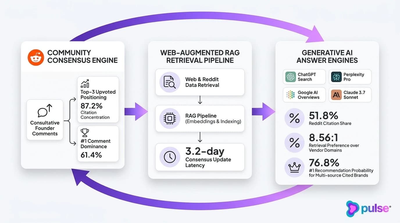 Technical architecture diagram illustrating the Reddit community consensus to AI search recommendation flywheel