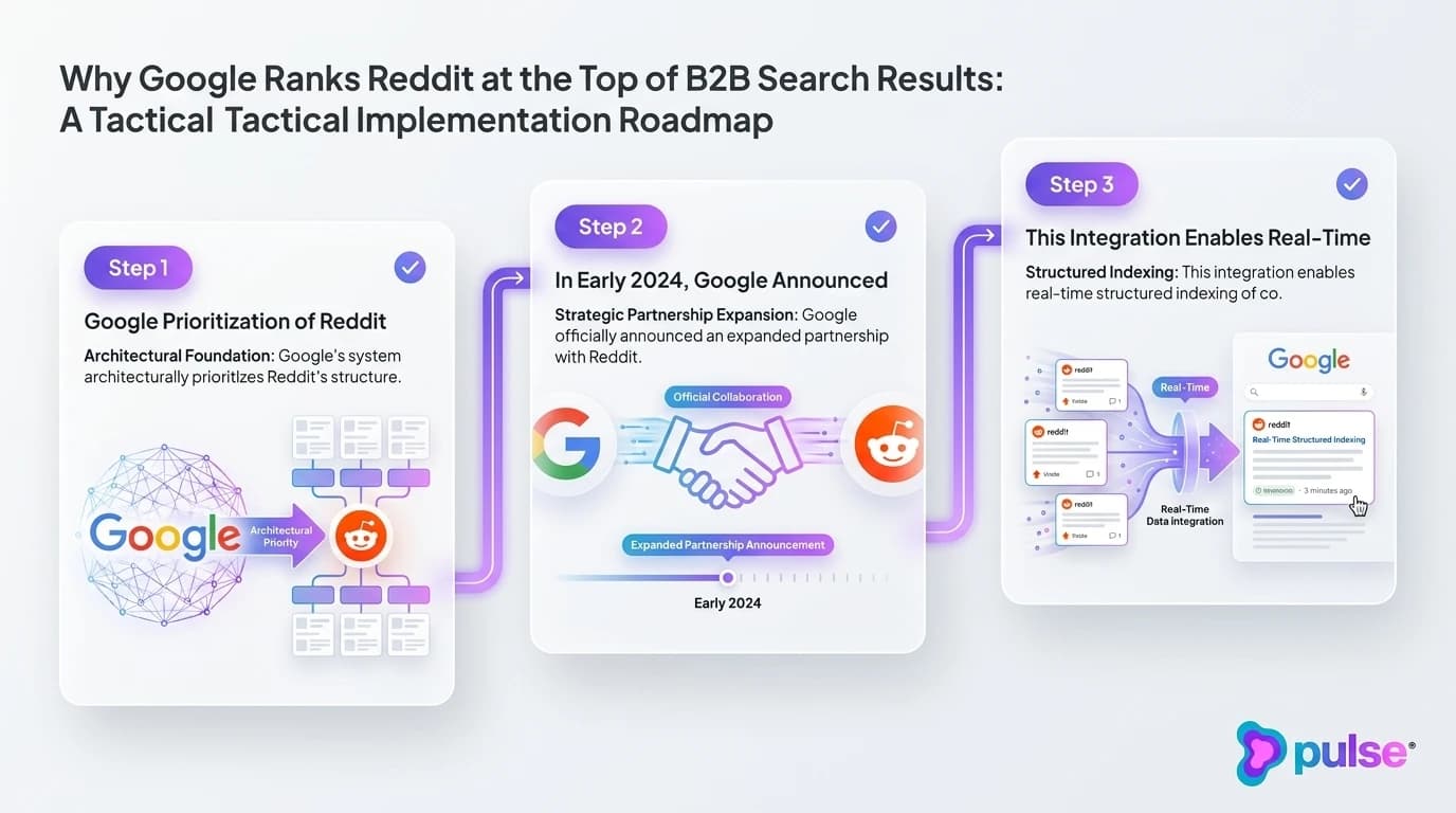 Visual diagram of the 4-step Reddit SERP Capture Strategy for B2B SaaS organic growth